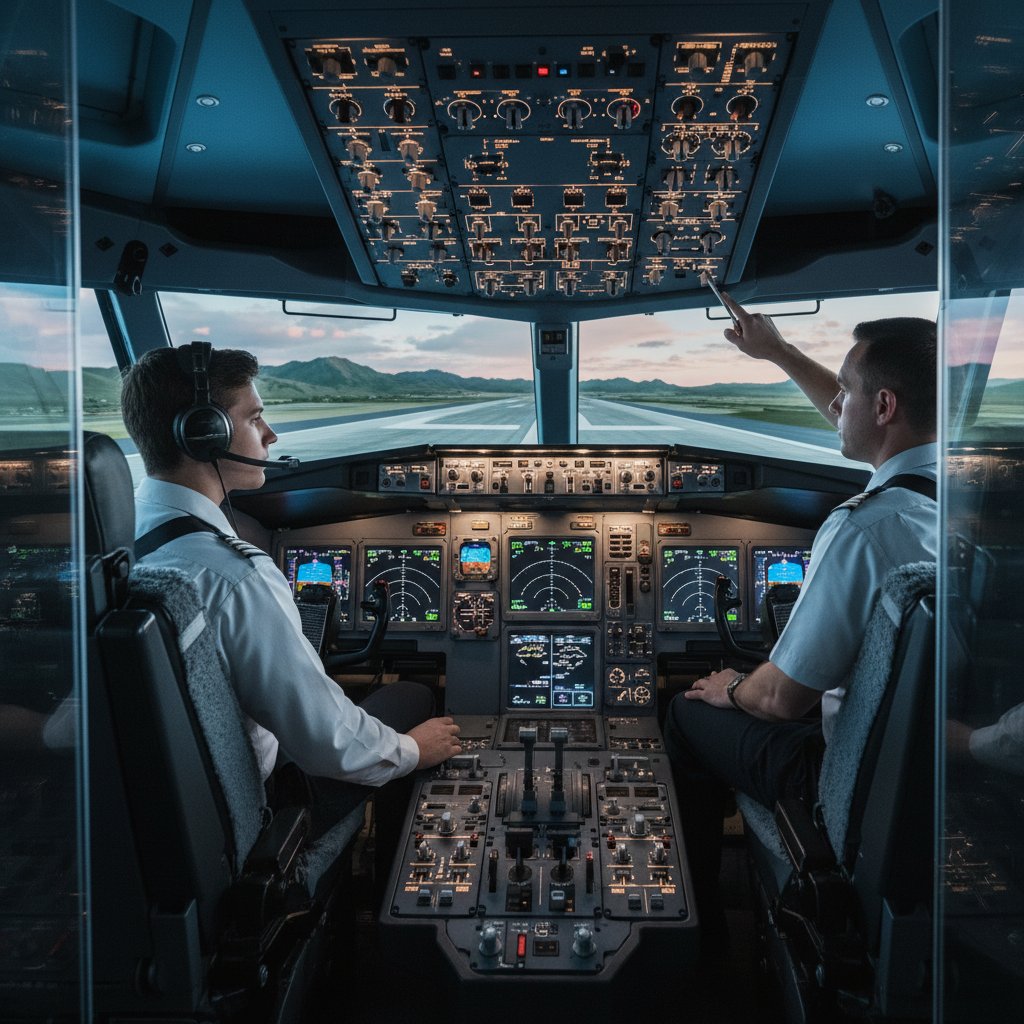 Pilot w symulatorze lotu, skupiony na panelu sterowania, nowoczesne wnętrze kokpitu