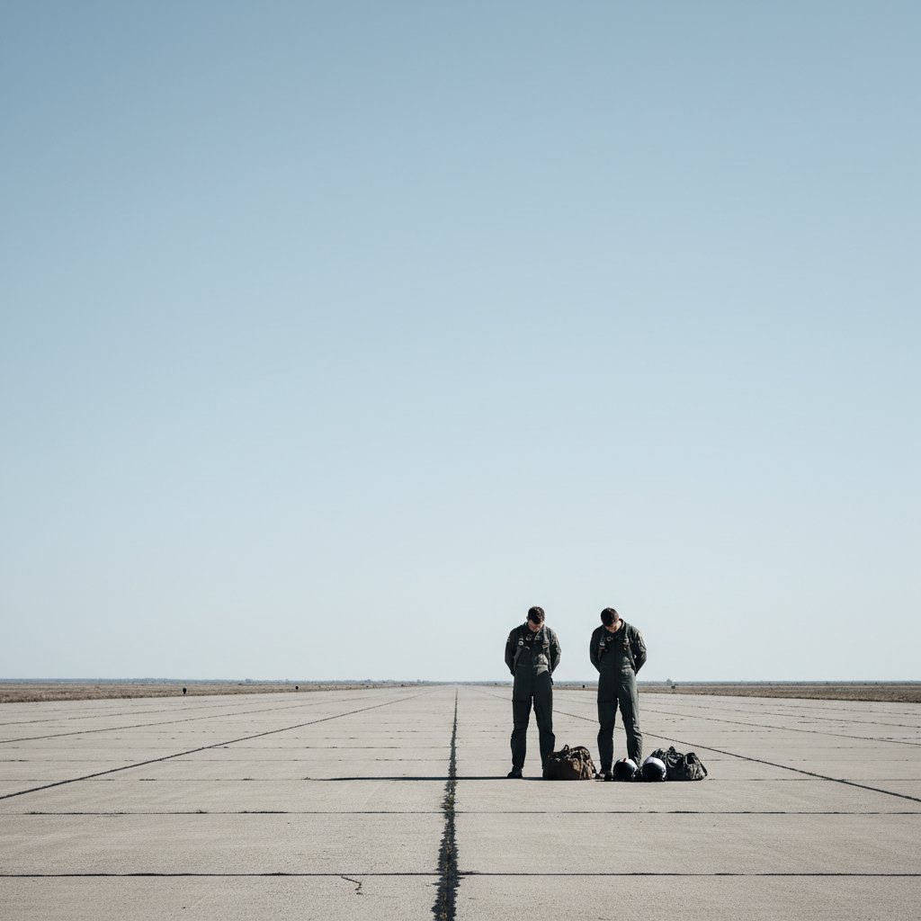 Pilots grounded, looking at an empty sky, symbolizing the anti-Top Gun spirit and minimalist tension