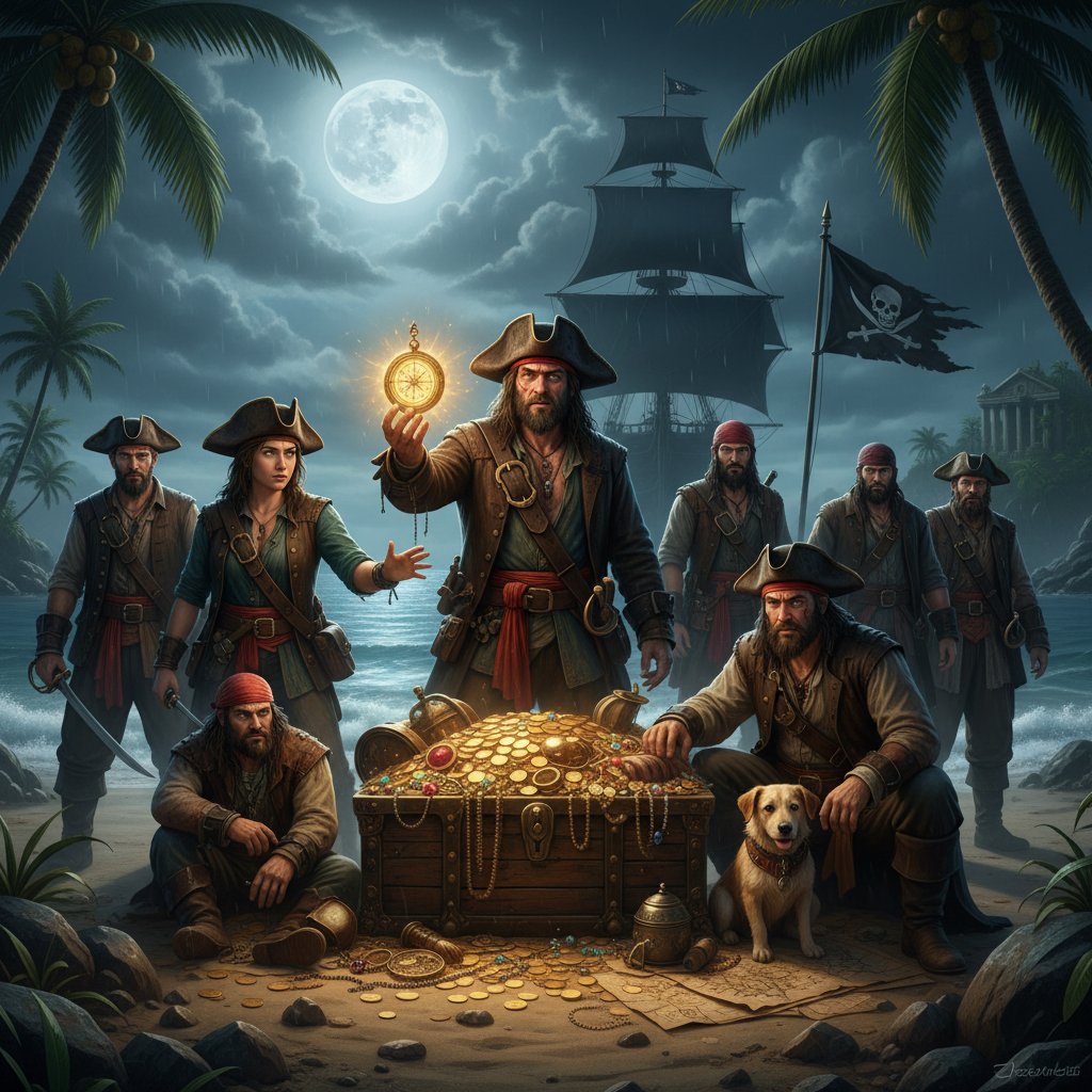 Dramatic lighting, pirate torn between treasure and loyalty in modern pirate movies