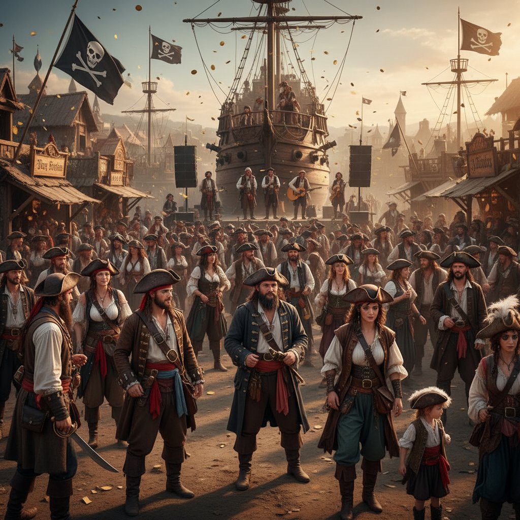 Lively pirate festival crowd in costume at real-world event inspired by pirate movies