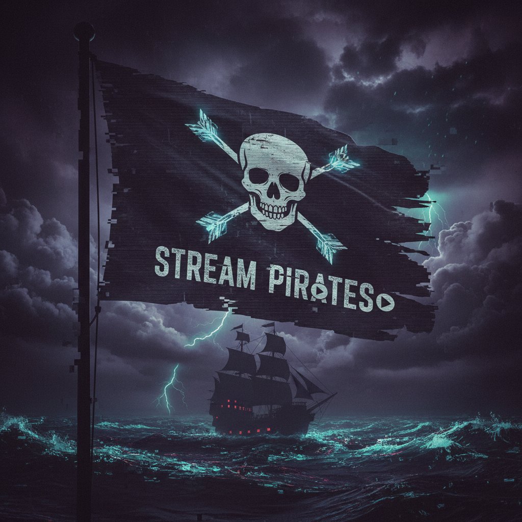 Edgy digital art of a pirate flag on a streaming app, dark symbolic 16:9 composition