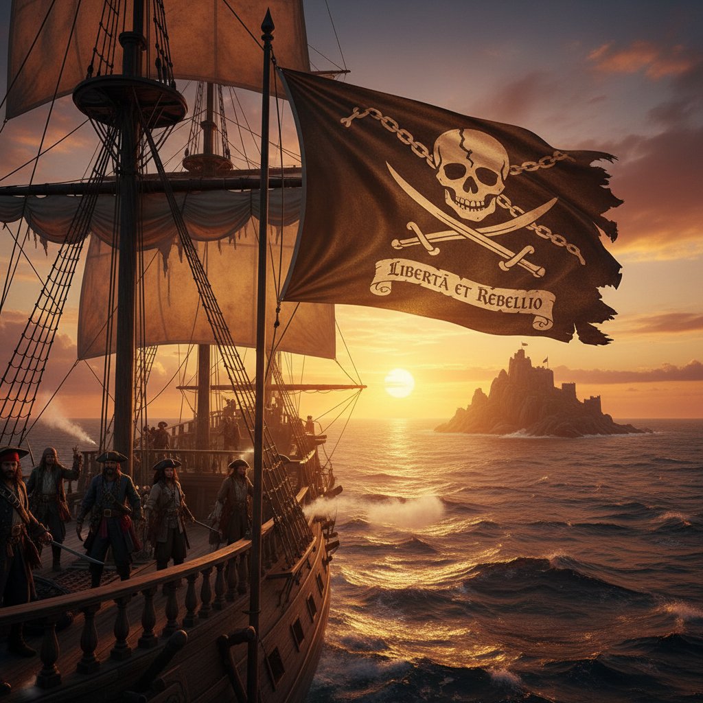 Cinematic pirate flag in wind at sunset symbolizing rebellion and freedom in pirate movies