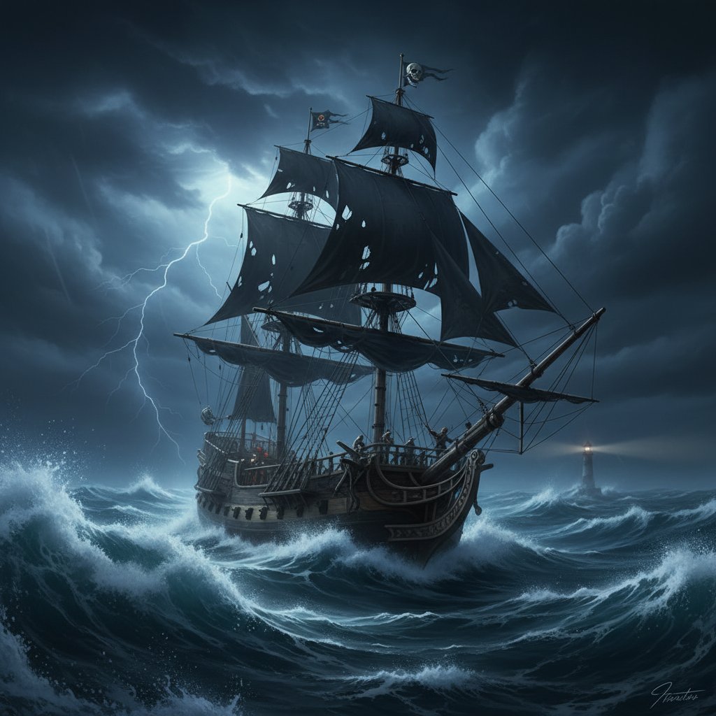 Pirate ship breaking through stormy waves at night, symbolizing freedom, 16:9