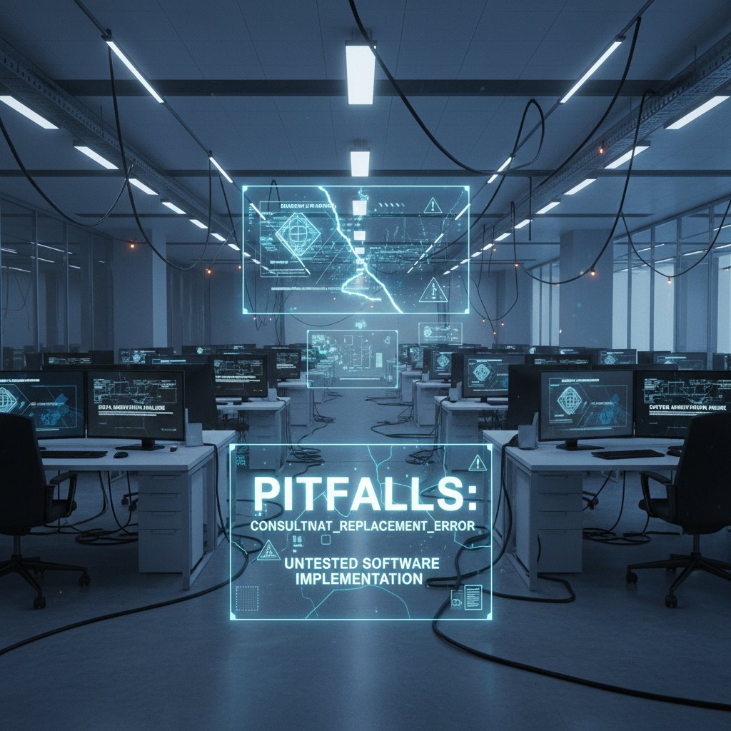 Pitfalls of replacing consultants with software, stark empty office, warning signs on digital screens, somber lighting