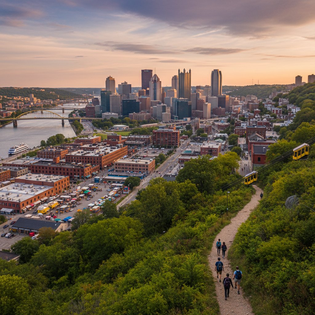 Travelers enjoying Pittsburgh’s Strip District, skyline views from Mount Washington, and outdoor trails