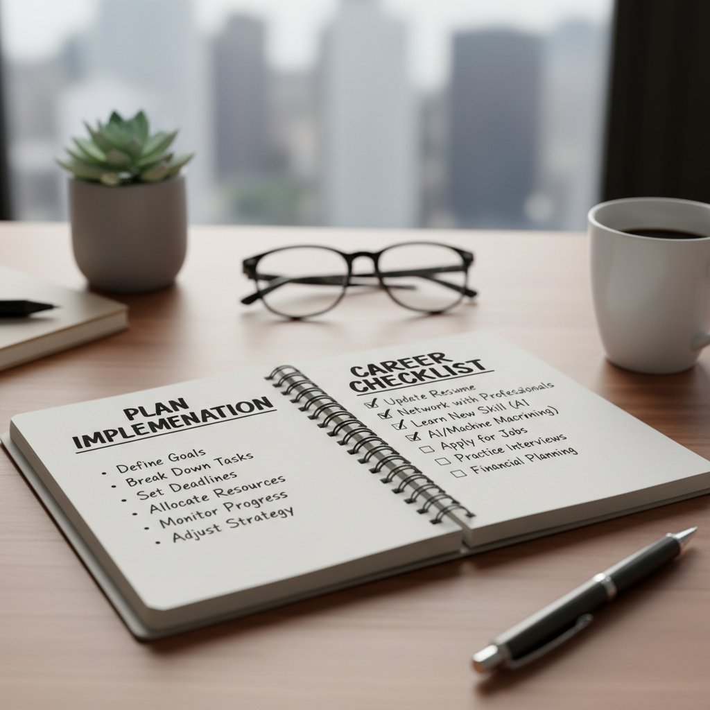 Osoba realizująca plan wdrożenia poradnika, notatki, komputer z checklistą kariery