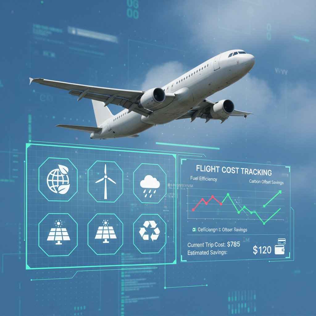 Plane flying above grid of data and environmental icons, green flight cost tracking concept
