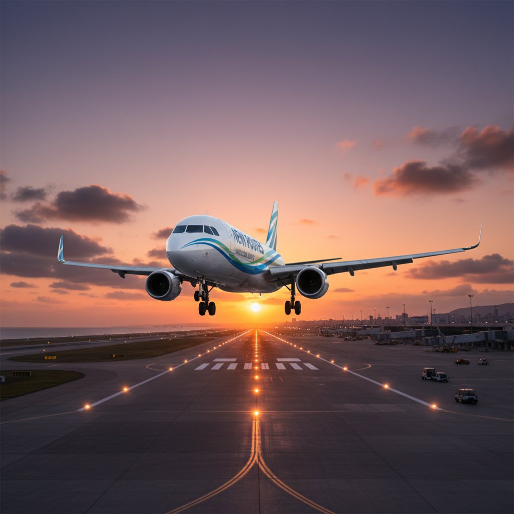 Samolot lądujący na lotnisku w Limie o zachodzie słońca, symbolizujący nowe możliwości i trasy