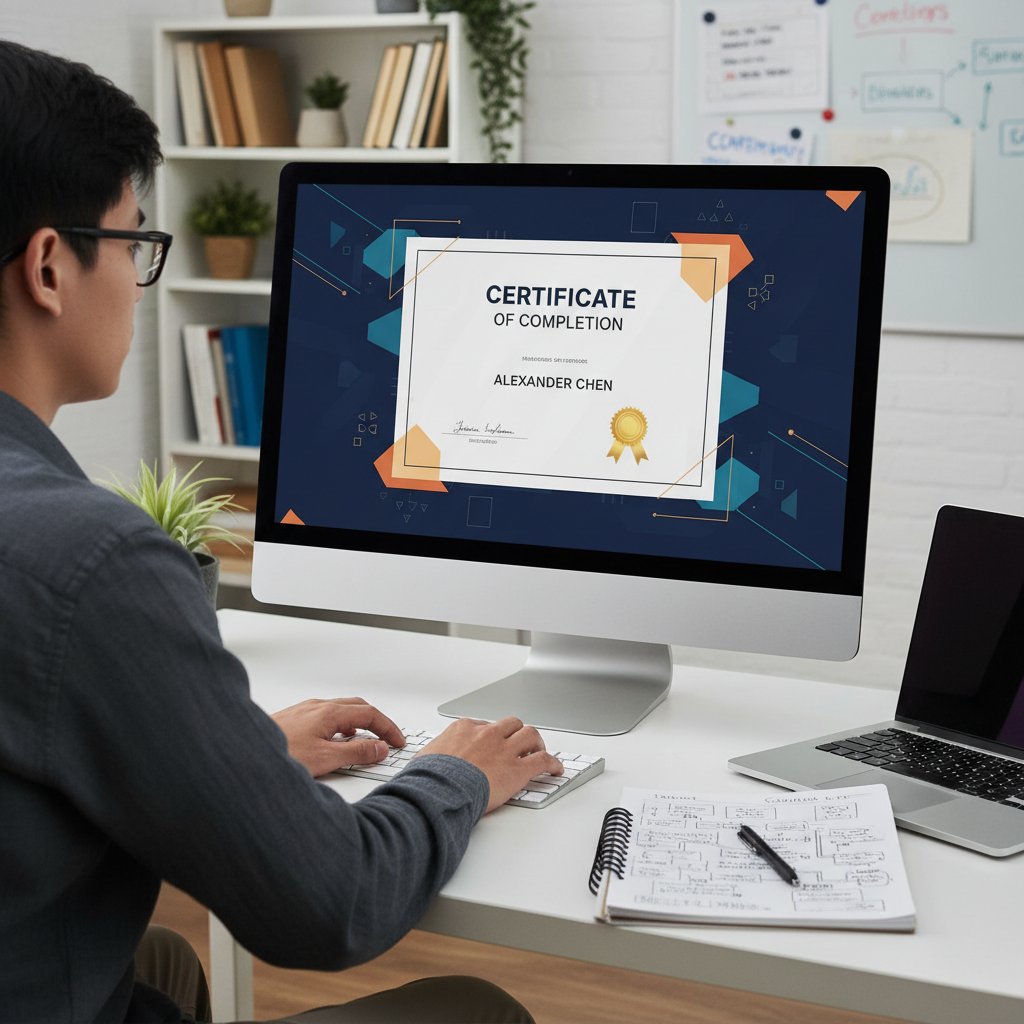 Planowanie ścieżki od wyboru kursu online do zdobycia certyfikatu, osoba przy komputerze z notatnikiem