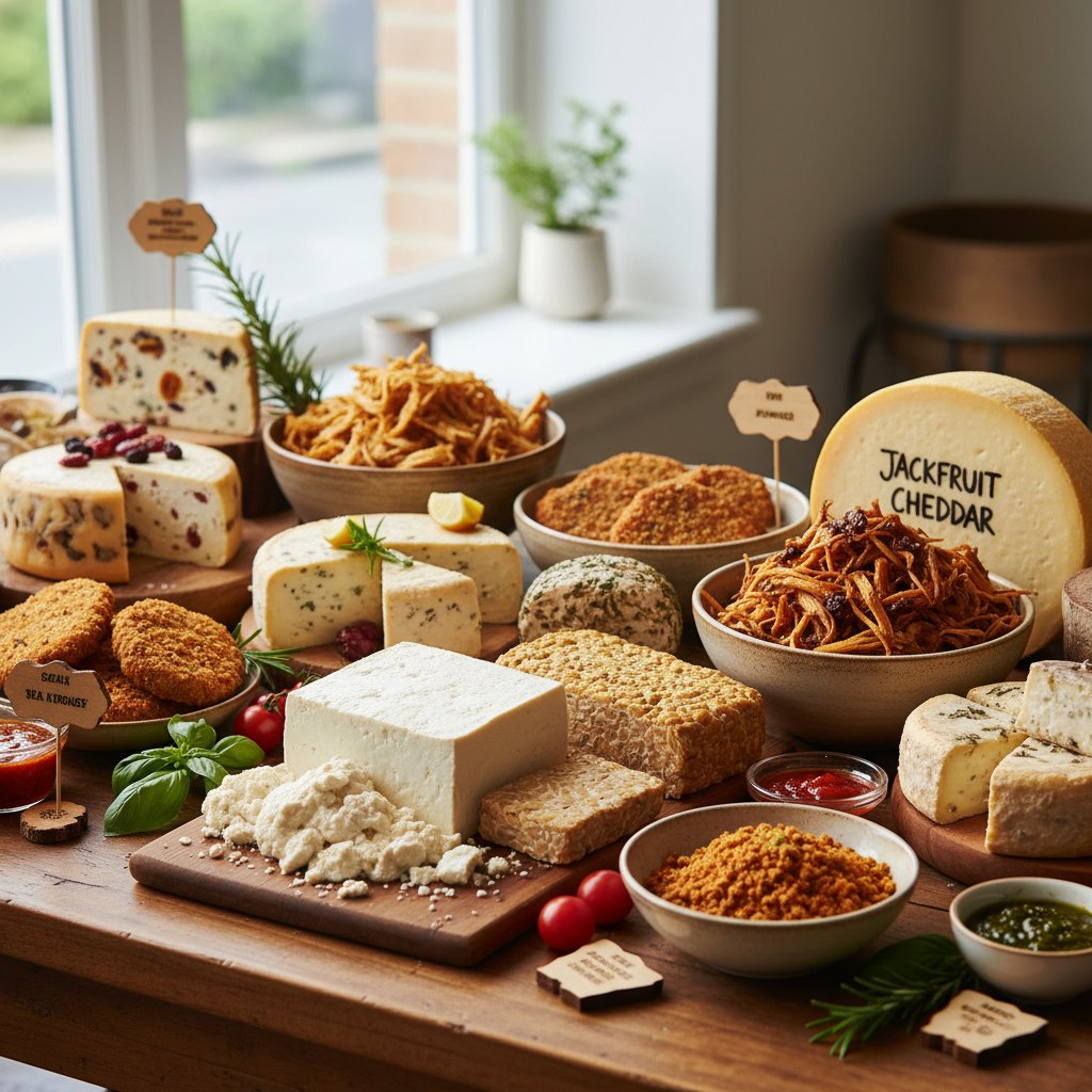 Różne zamienniki mięsa i nabiału, tofu, tempeh, sery roślinne, jackfruit, ekspozycja na stole