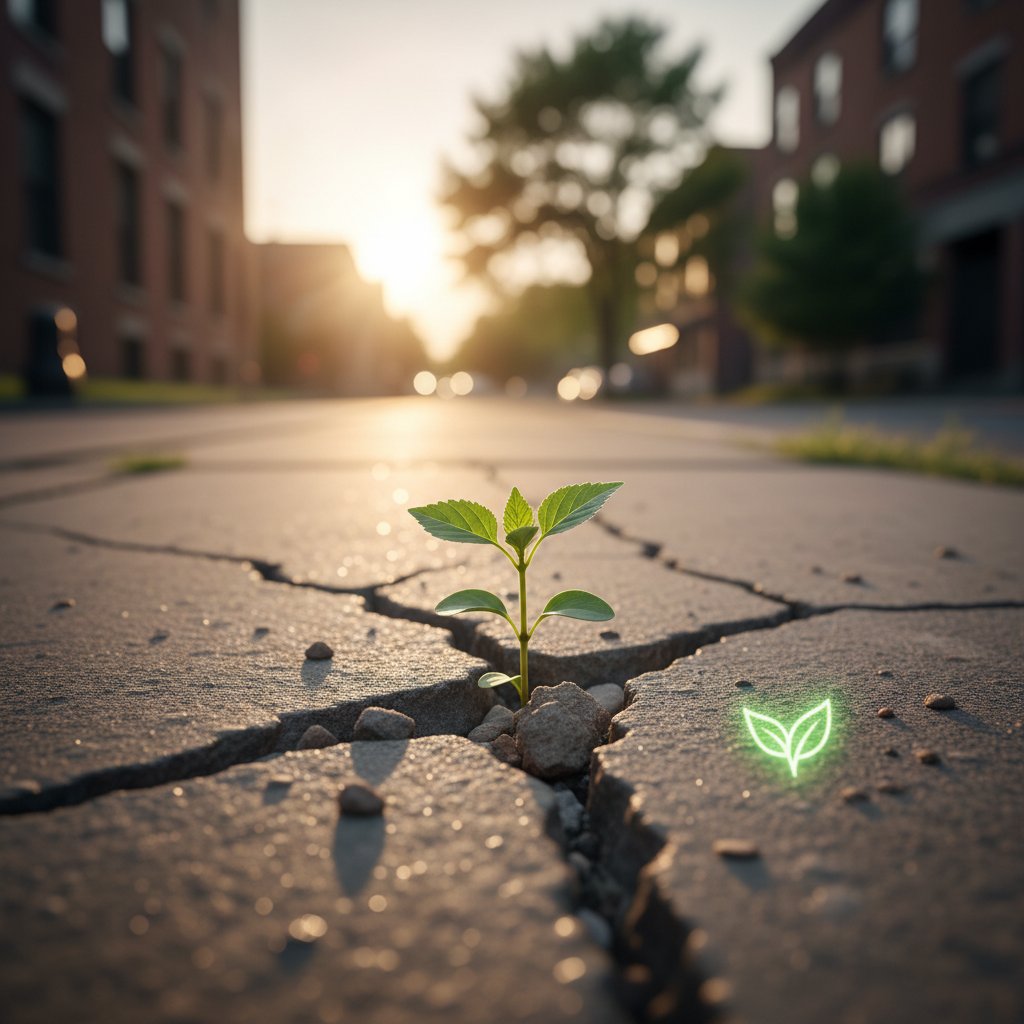 Symboliczny odrodzenie, roślina przebijająca się przez beton, nadzieja po kryzysie