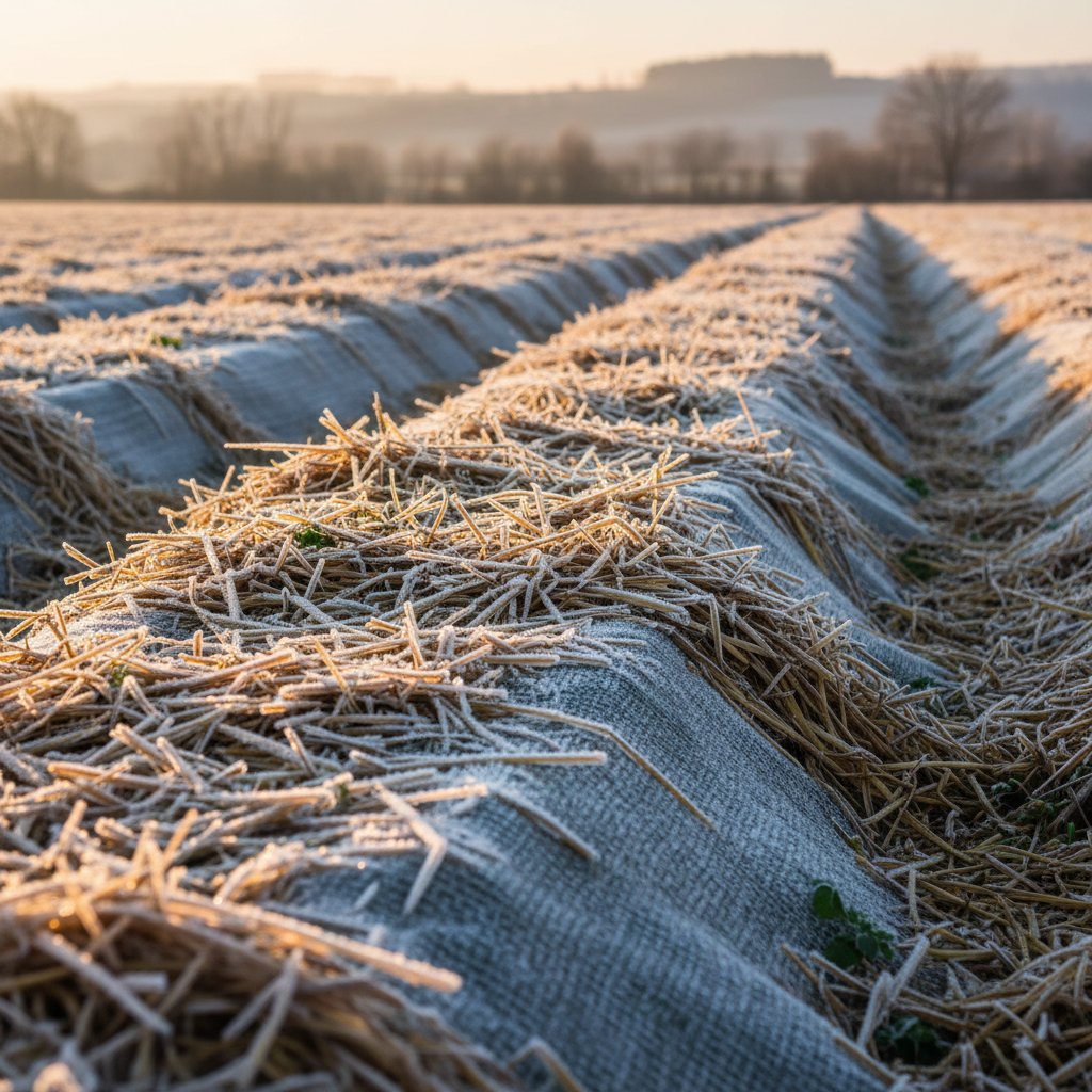 Przykład okrywania roślin ogrodowych agrowłókniną i słomą, widoczne techniki ochrony przed mrozem