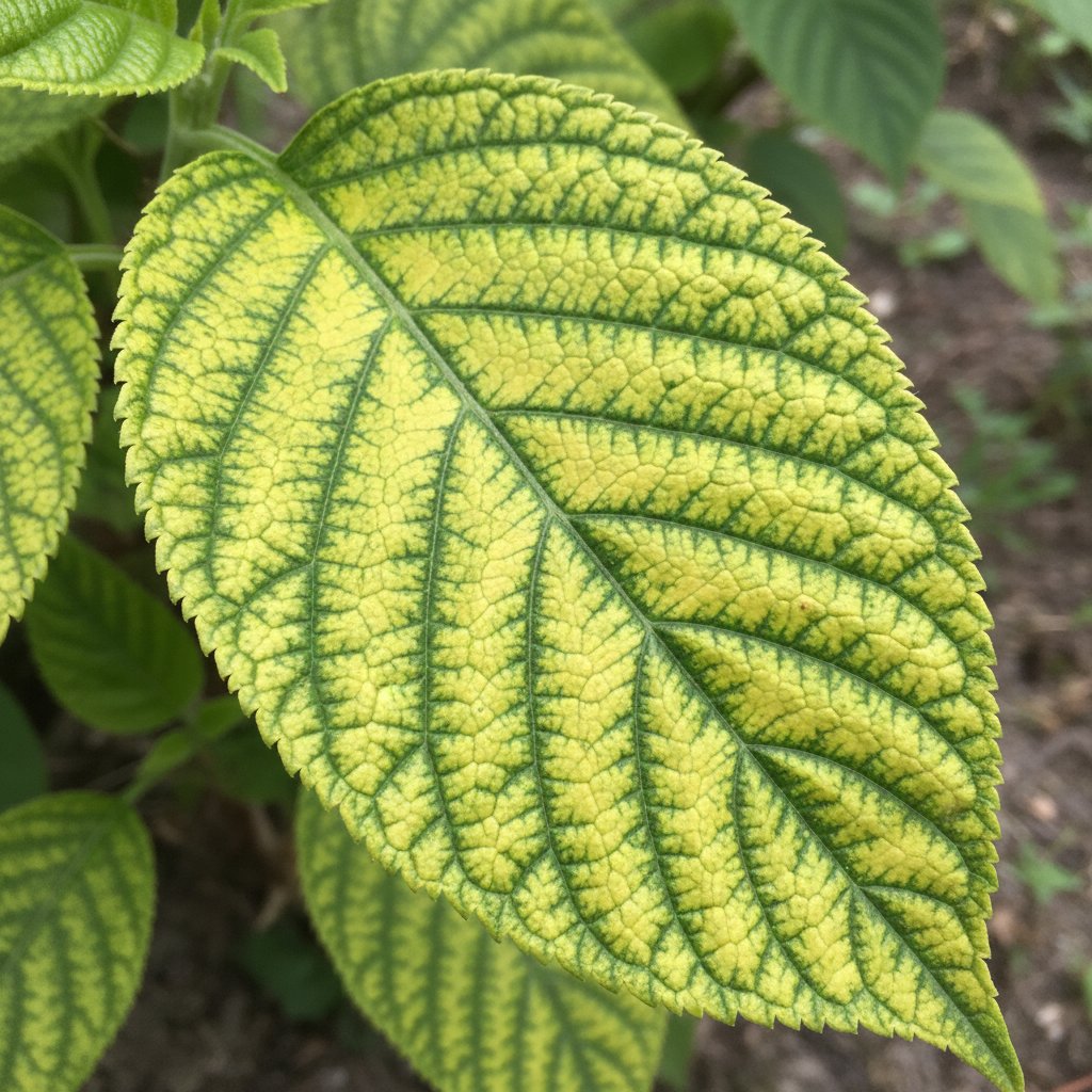 Zbliżenie na liść z objawami chlorozy, bez śladów żerowania, ilustracja różnicowania objawów
