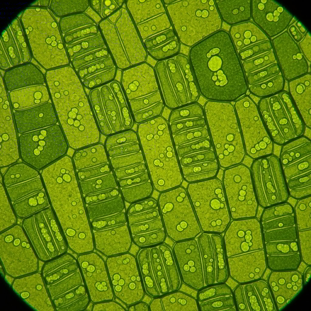 Zbliżenie na liść rośliny pod mikroskopem, ukazujące struktury chlorofilu, wysokie detale, zielone odcienie