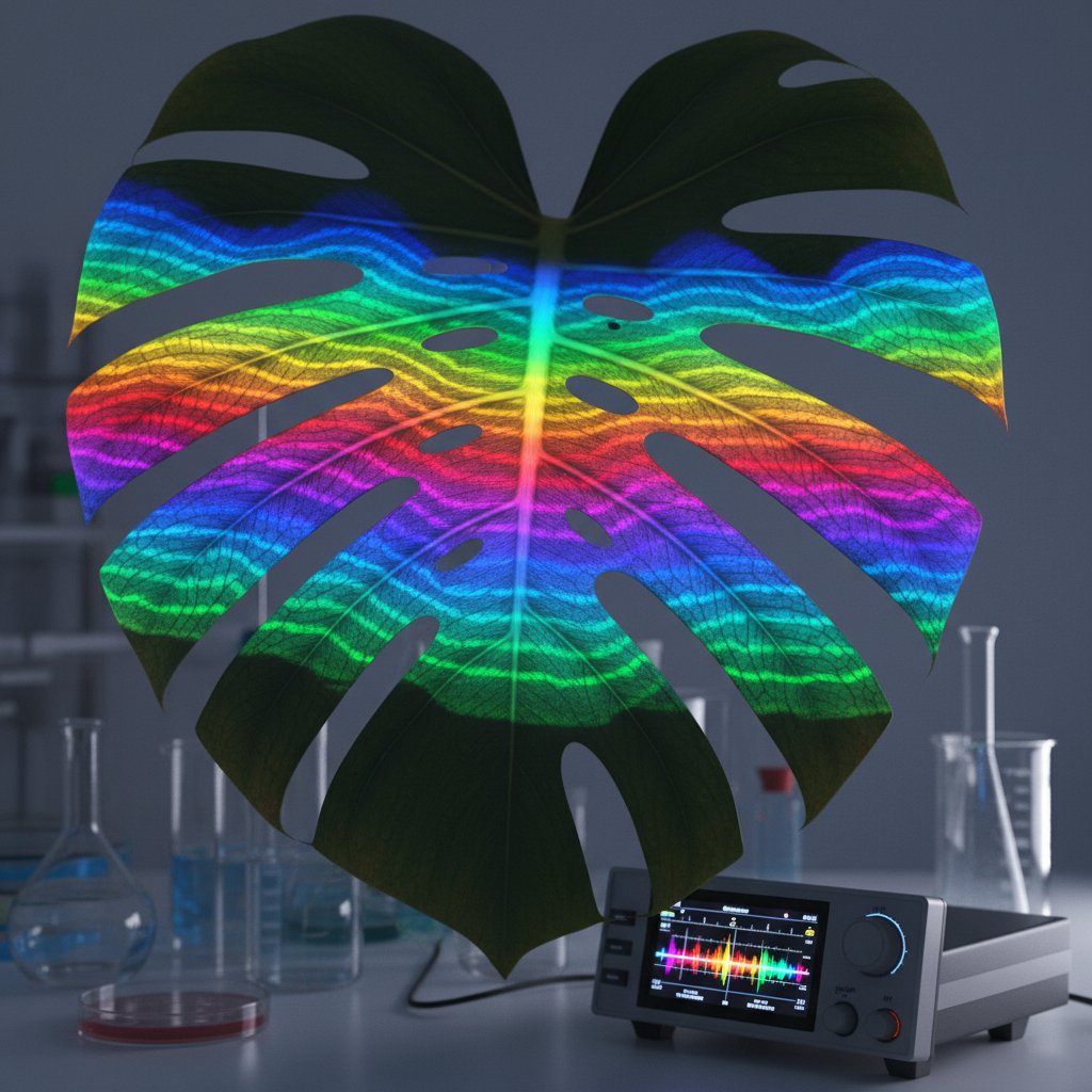 Zbliżenie liścia rośliny pod analizatorem widma światła, wyraźne kolory, naukowa atmosfera