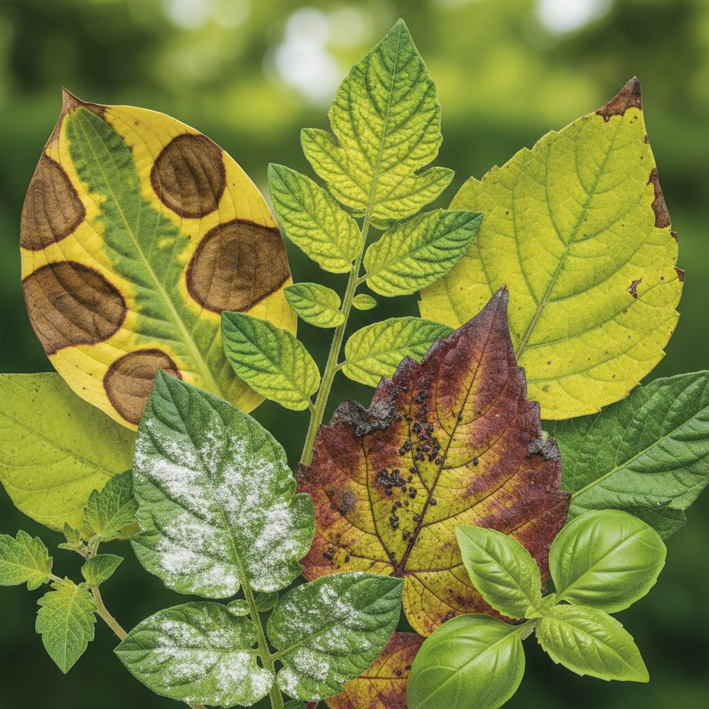 Zbliżenie na liście rośliny z różnymi objawami chorób i niedoborów, kontrastowe światło