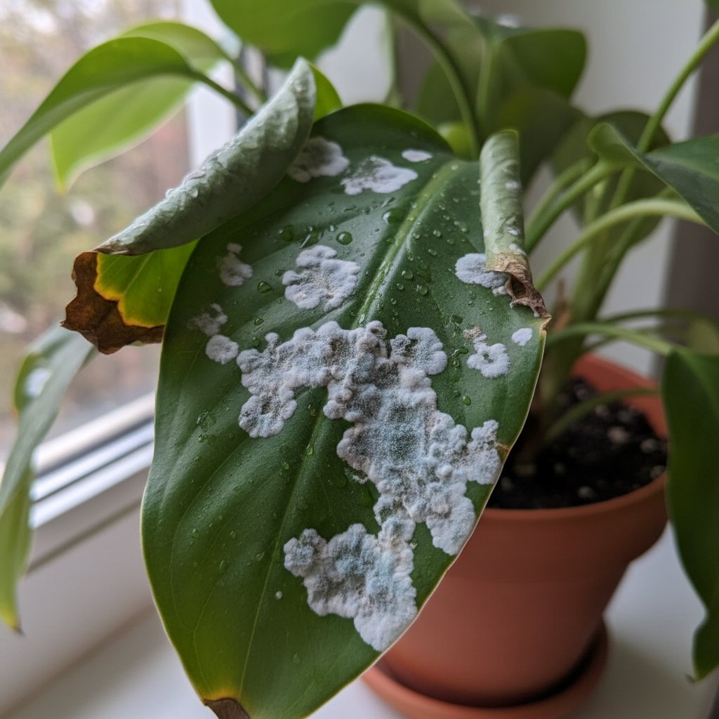 Zbliżenie na liść z objawami pleśni jako przykład zagrożenia dla roślin łatwych