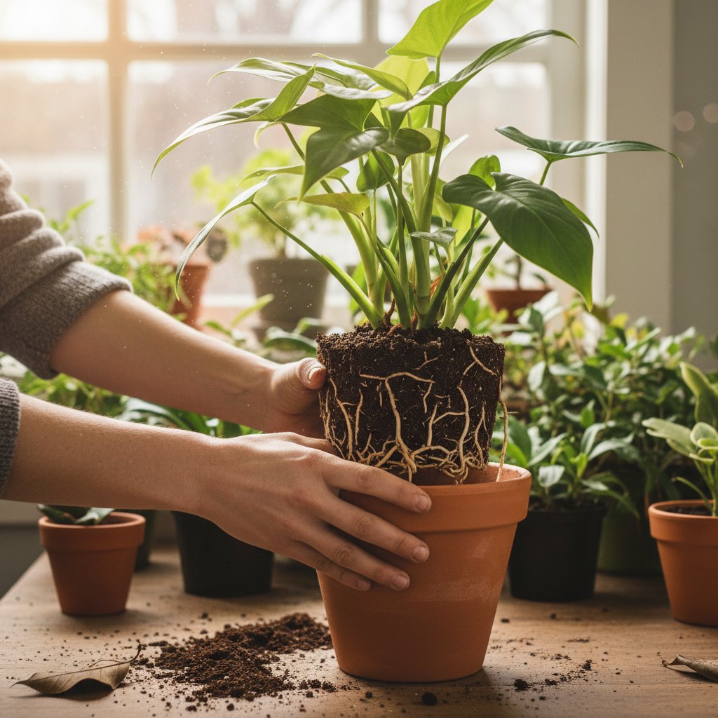Ręce przesadzające roślinę doniczkową, ziemia i korzenie w zbliżeniu, naturalne światło