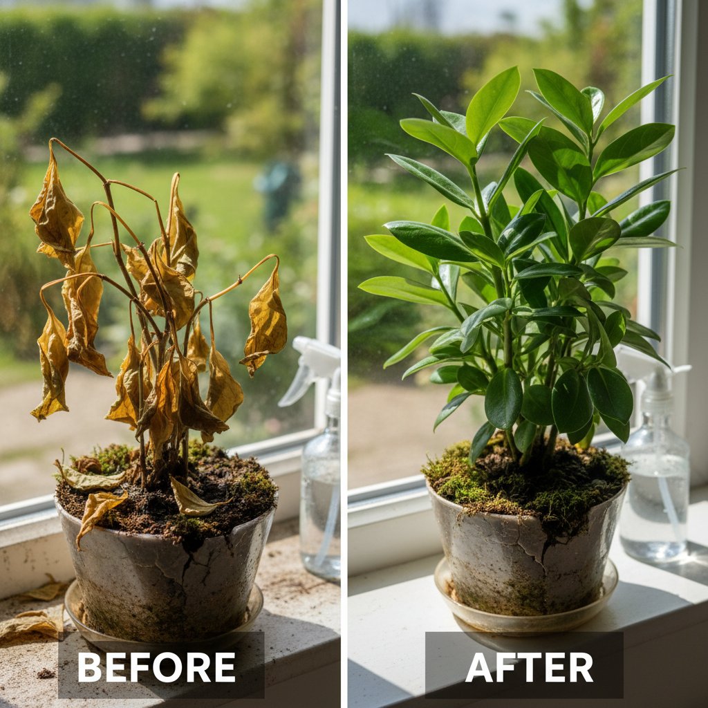 Zdjęcie „przed i po” uratowanej rośliny, zbliżenie na zdrowe nowe liście