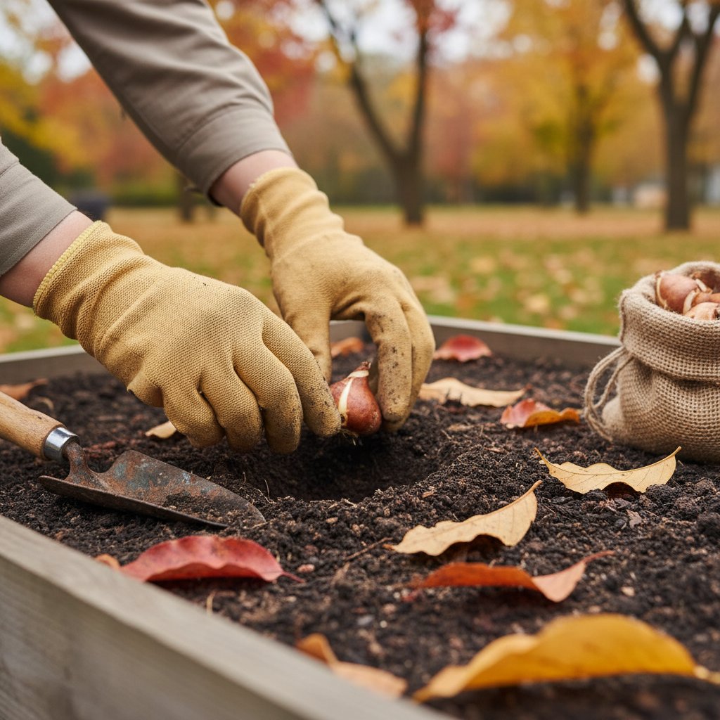 Sadzenie tulipanów jesienią w grupie, ręce z łopatką na rabacie