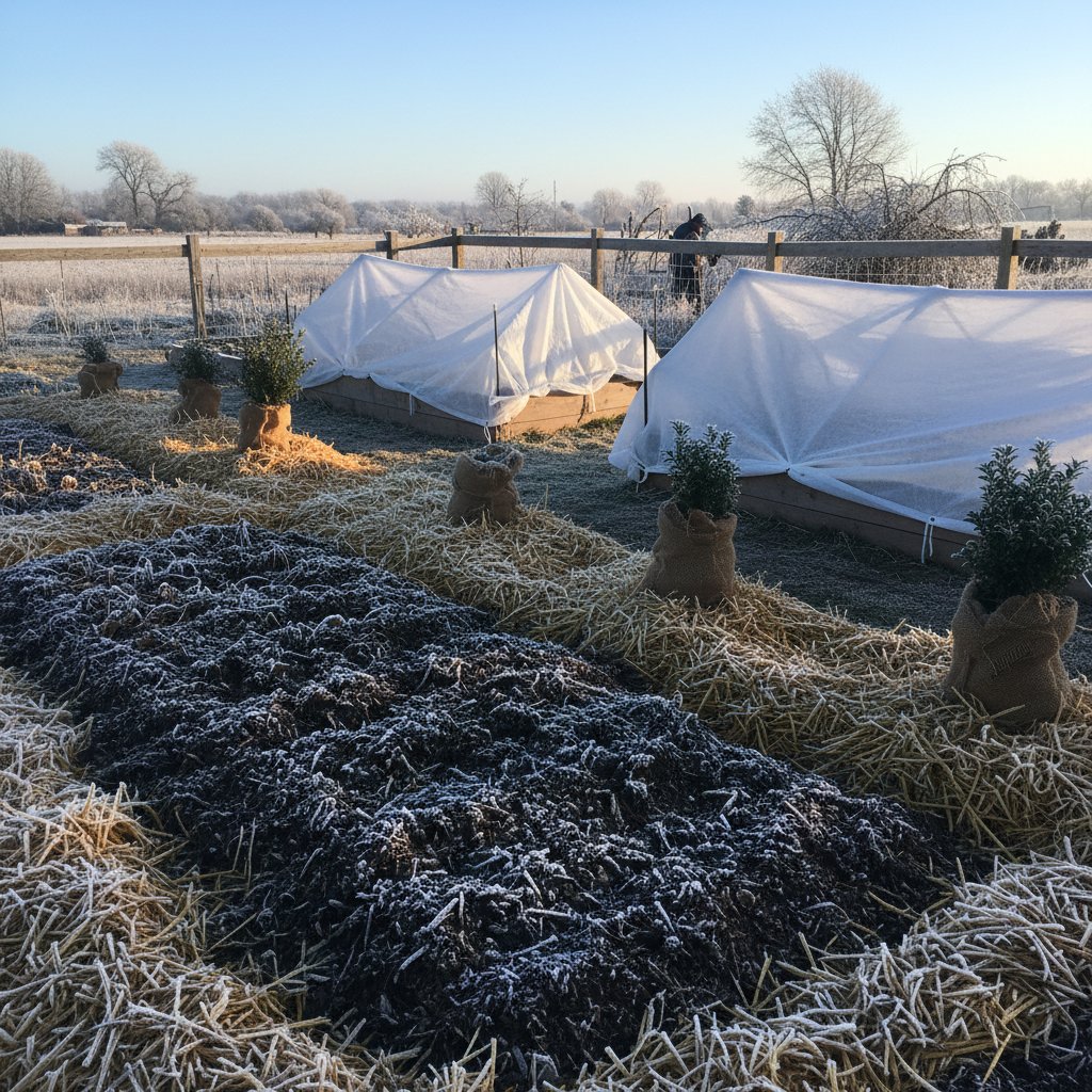 Rośliny w ogrodzie pokryte naturalnym mulczem i słomą, ochrona przed mrozem