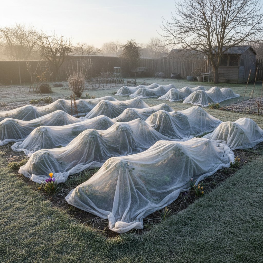Rośliny przykryte agrowłókniną podczas wiosennego przymrozku w ogrodzie