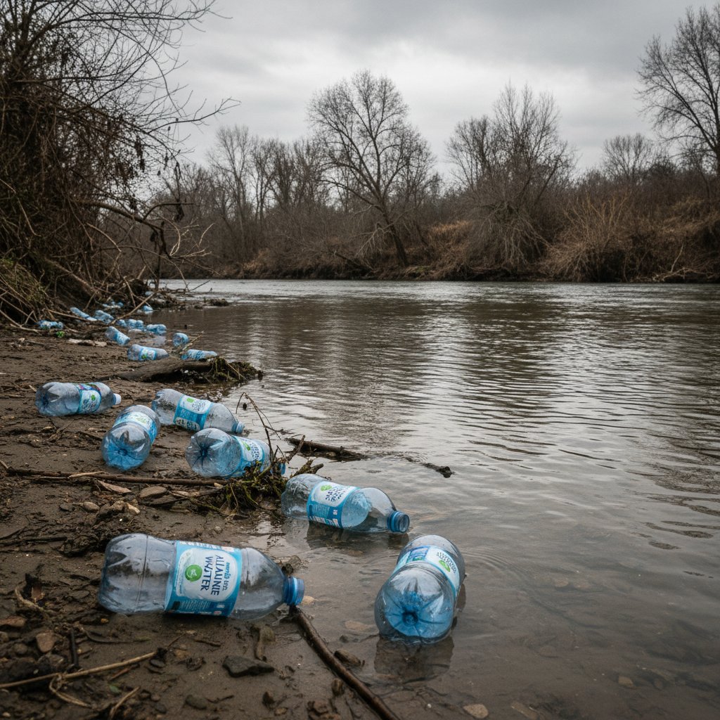Butelki po wodzie alkalicznej na brzegu rzeki – problem środowiskowy