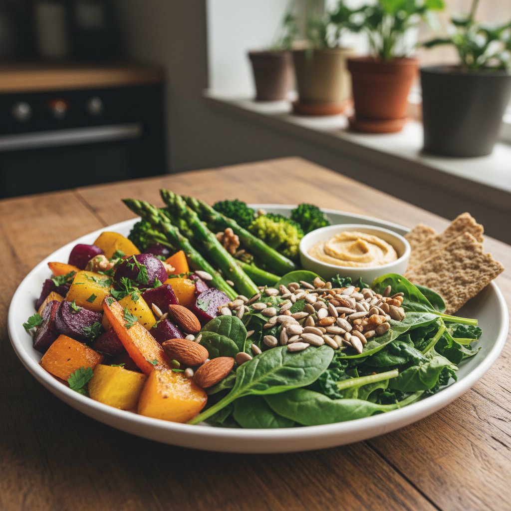 Kolorowy talerz z warzywami i orzechami, motyw zdrowej diety i pamięci