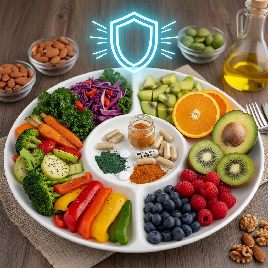 Zbliżenie na talerz pełen warzyw, owoców i buteleczek suplementów — dieta w kontekście ochrony przed promieniowaniem