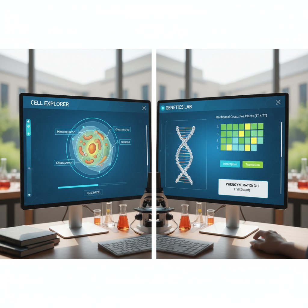 Porównanie interfejsów platform do nauki biologii online, ekran komputera, tablet, nowoczesność