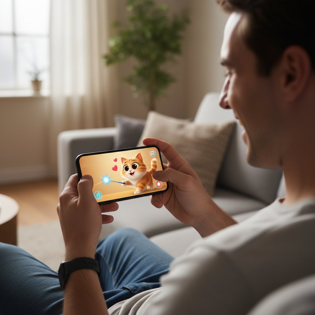 Gracz bawiący się z wirtualnym kotem, uśmiechnięty, z telefonem w ręku