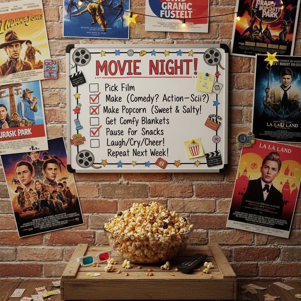 Movie night checklist with posters and snacks