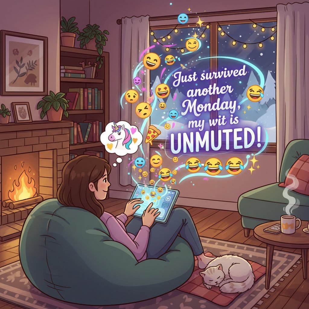 Osoba rozpoczynająca zabawną rozmowę online, kolorowe emotikony lecące z ekranu