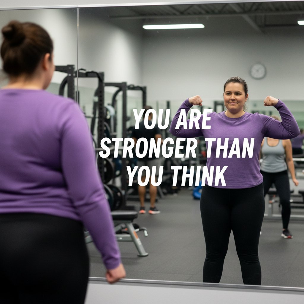 Osoba plus size wpatrzona w lustro w siłowni, z widocznymi emocjami – motywacją i niepewnością