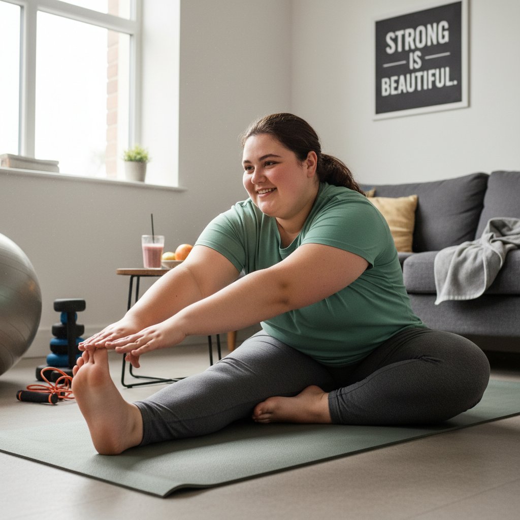 Osoba plus size wykonuje rozciąganie po treningu, domowa przestrzeń, fitness dla otyłych