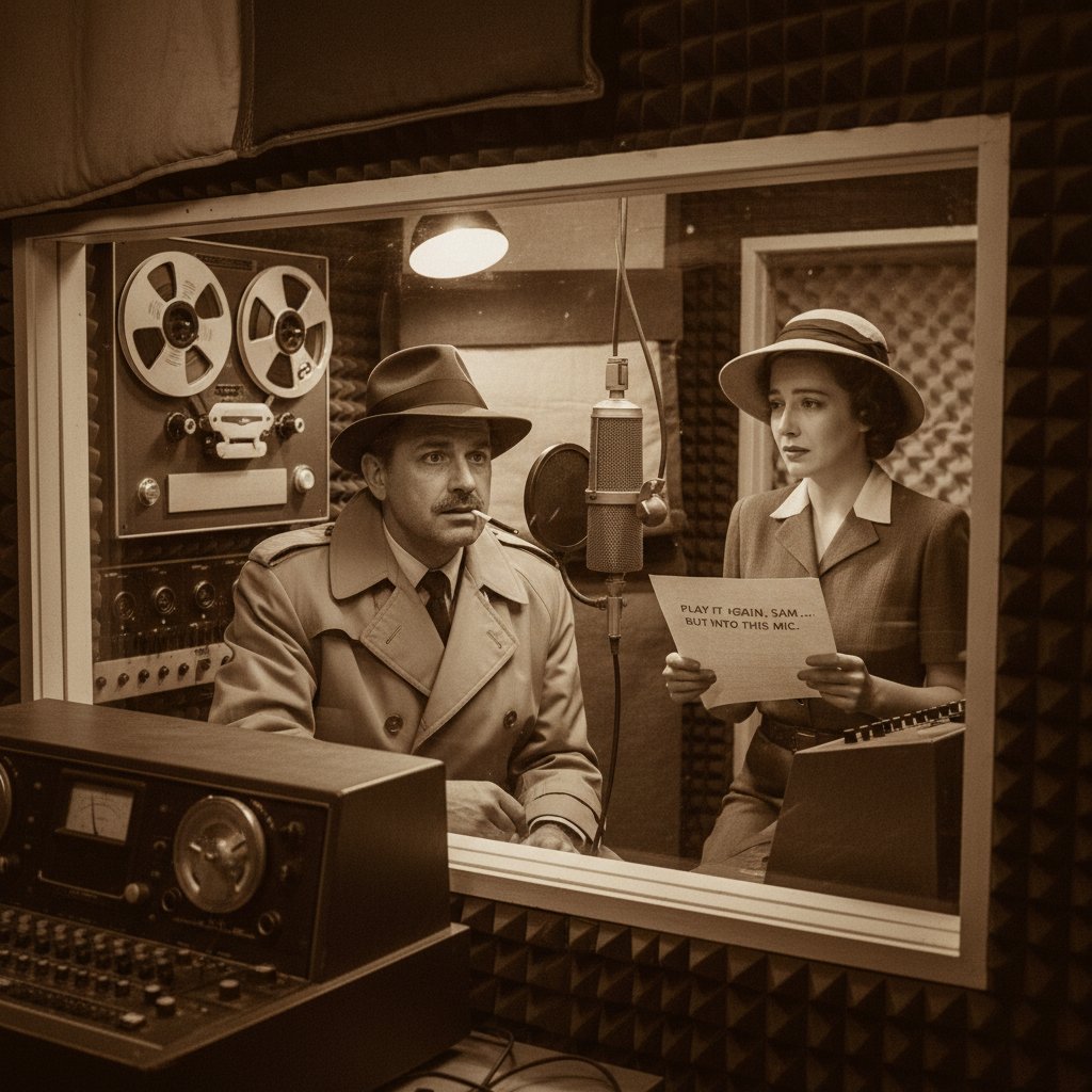 Podcast host parodying classic film moment, editorial-style photo in a recording booth, comedy cinema podcast