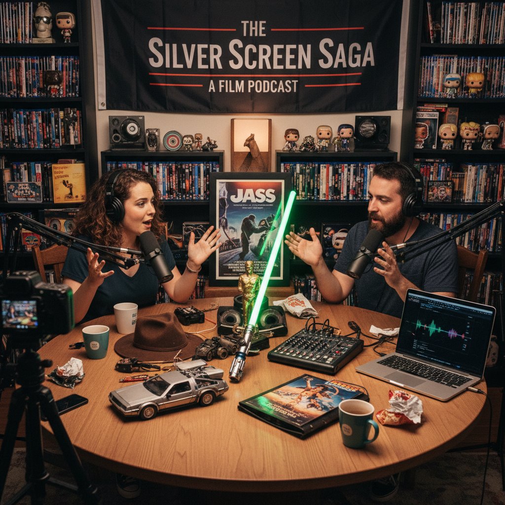 Podcast hosts debating heatedly about film, surrounded by movie memorabilia, movie podcast comedy cinema