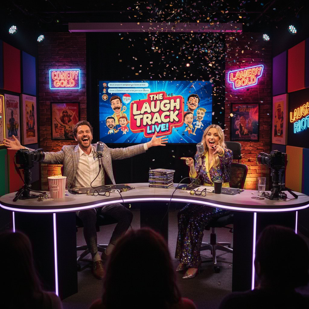 Comedy movie podcast recording live video session, podcast hosts, dramatic lighting, video podcast