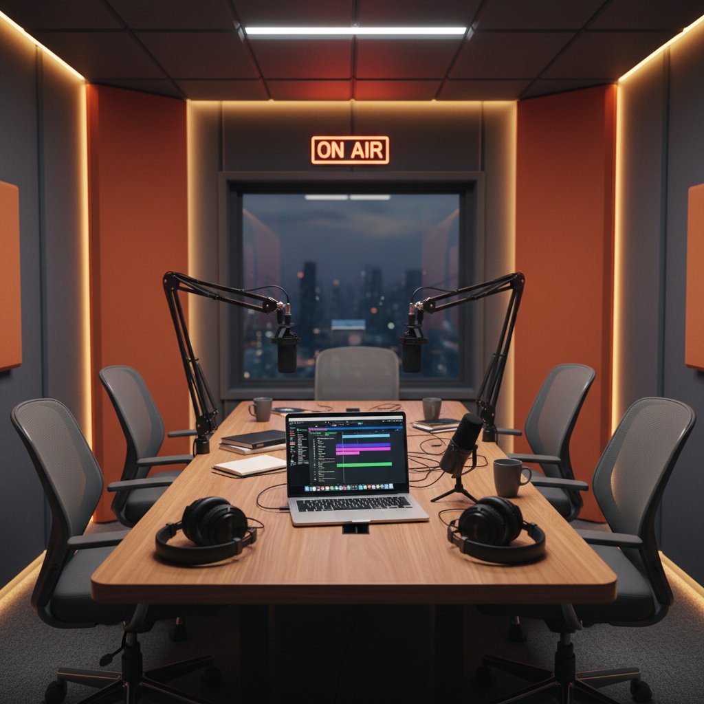 Nowoczesne studio nagrań podcastów, laptop, mikrofon, autor przygotowujący felieton audio