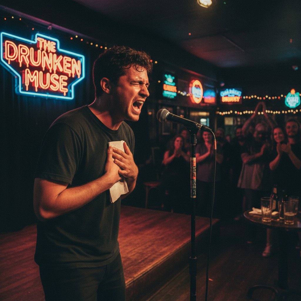 Poet at open mic night in a neon-lit dive bar, raw emotion, gritty movie film poem atmosphere