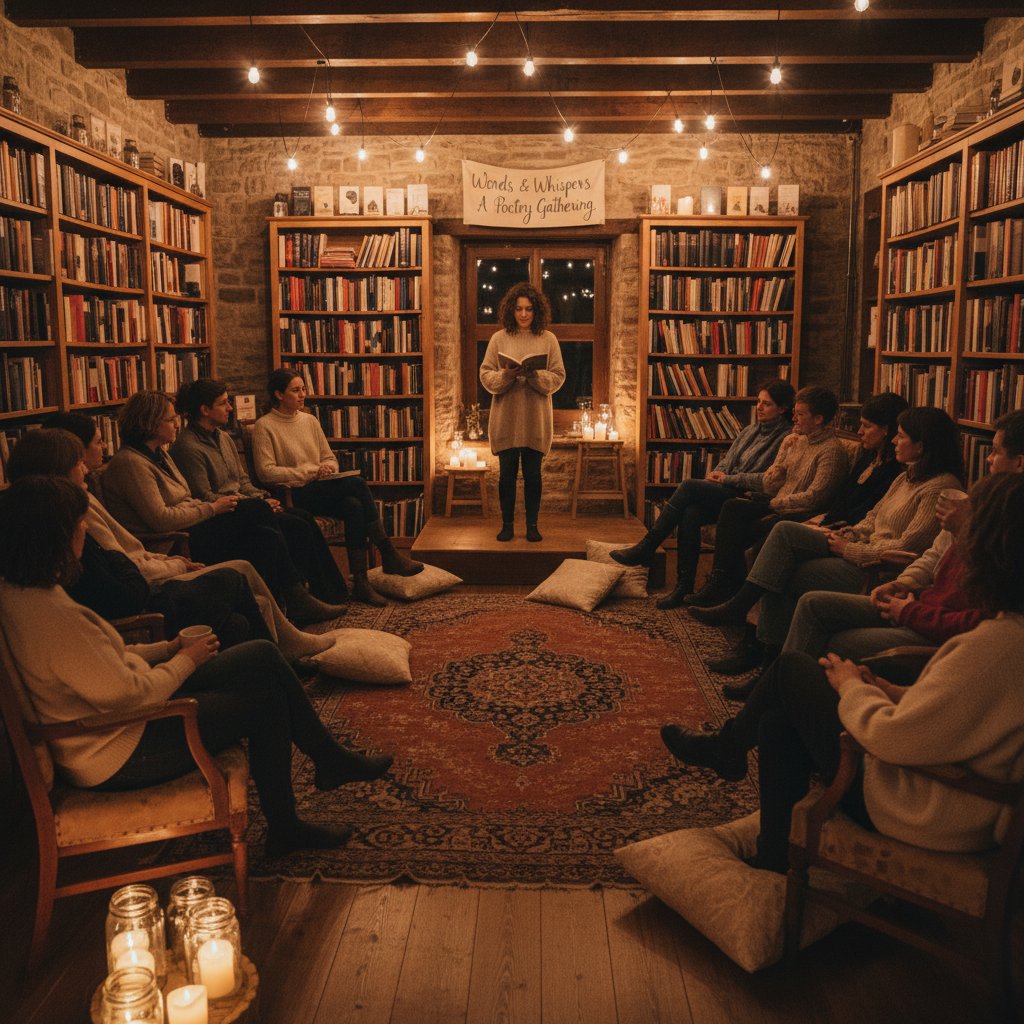 Kameralna scena podczas mikrofestiwalu poetyckiego, widownia siedzi w ciepłym oświetleniu