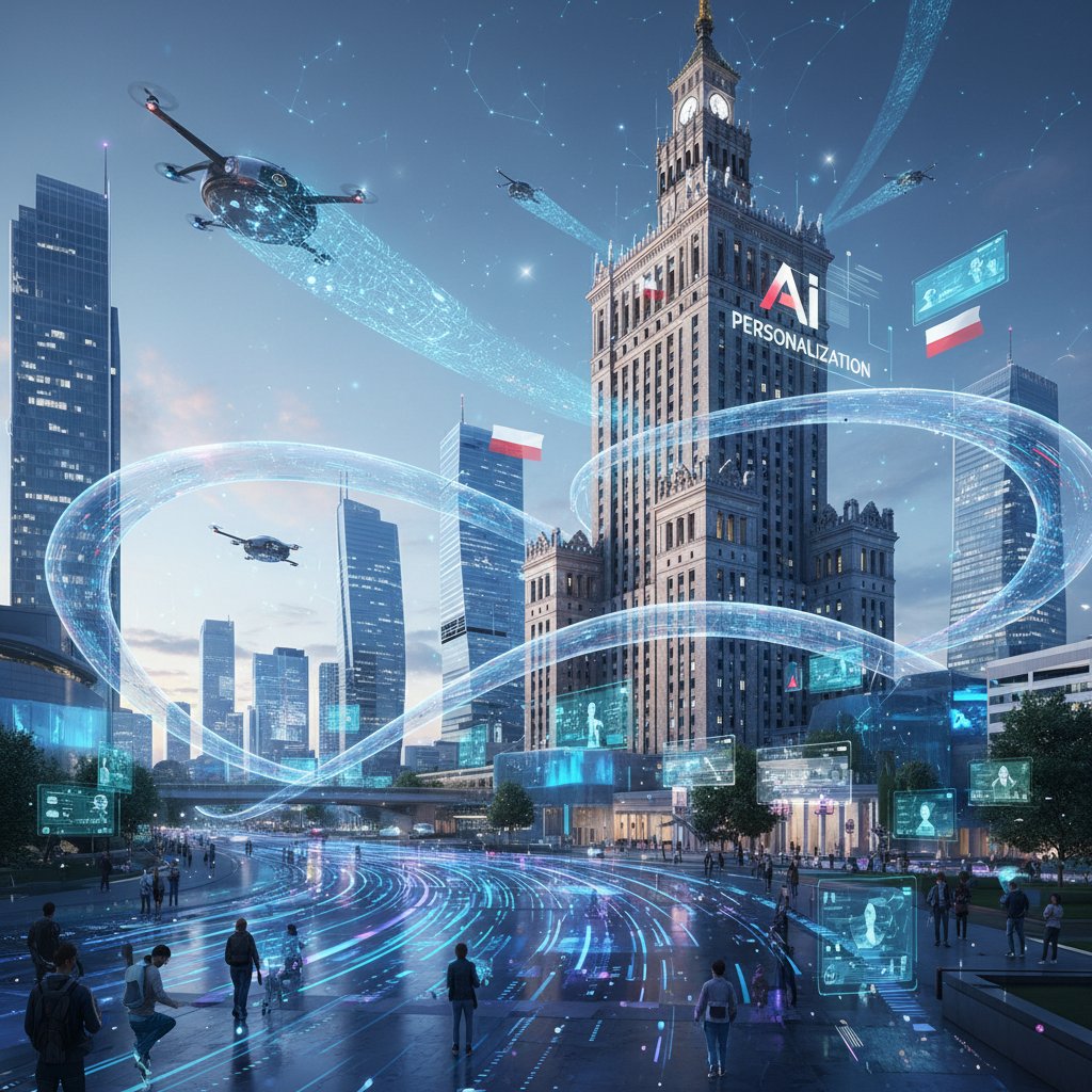 Widok z lotu ptaka na miasto, z nakładkami cyfrowych danych symbolizujących rozwój AI i personalizacji w Polsce