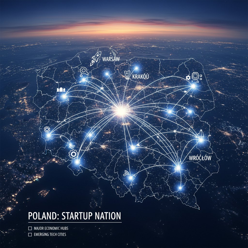 Mapa Polski z zaznaczonymi głównymi centrami gospodarczymi oraz startupami technologicznymi