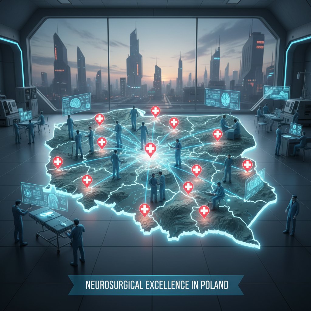 Mapa Polski z zaznaczonymi ośrodkami neurochirurgicznymi, personel medyczny