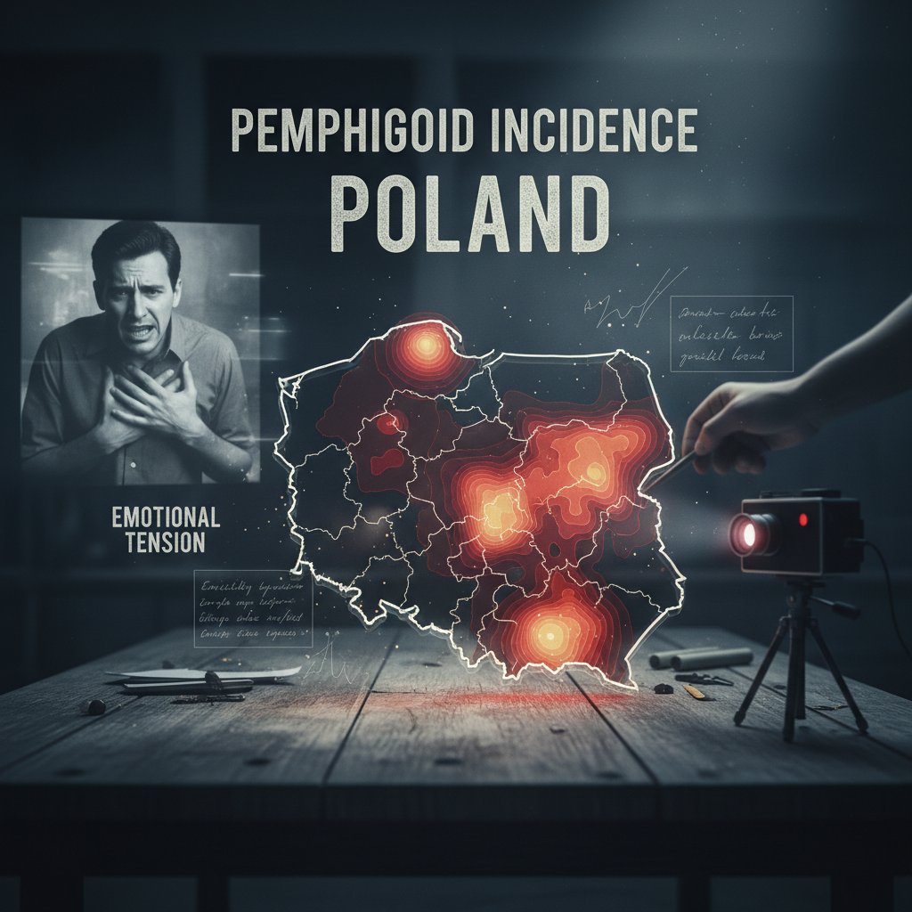 Mapa Polski z zaznaczonymi regionami o wyższej zachorowalności na pemfigoid, dramatyczna sceneria