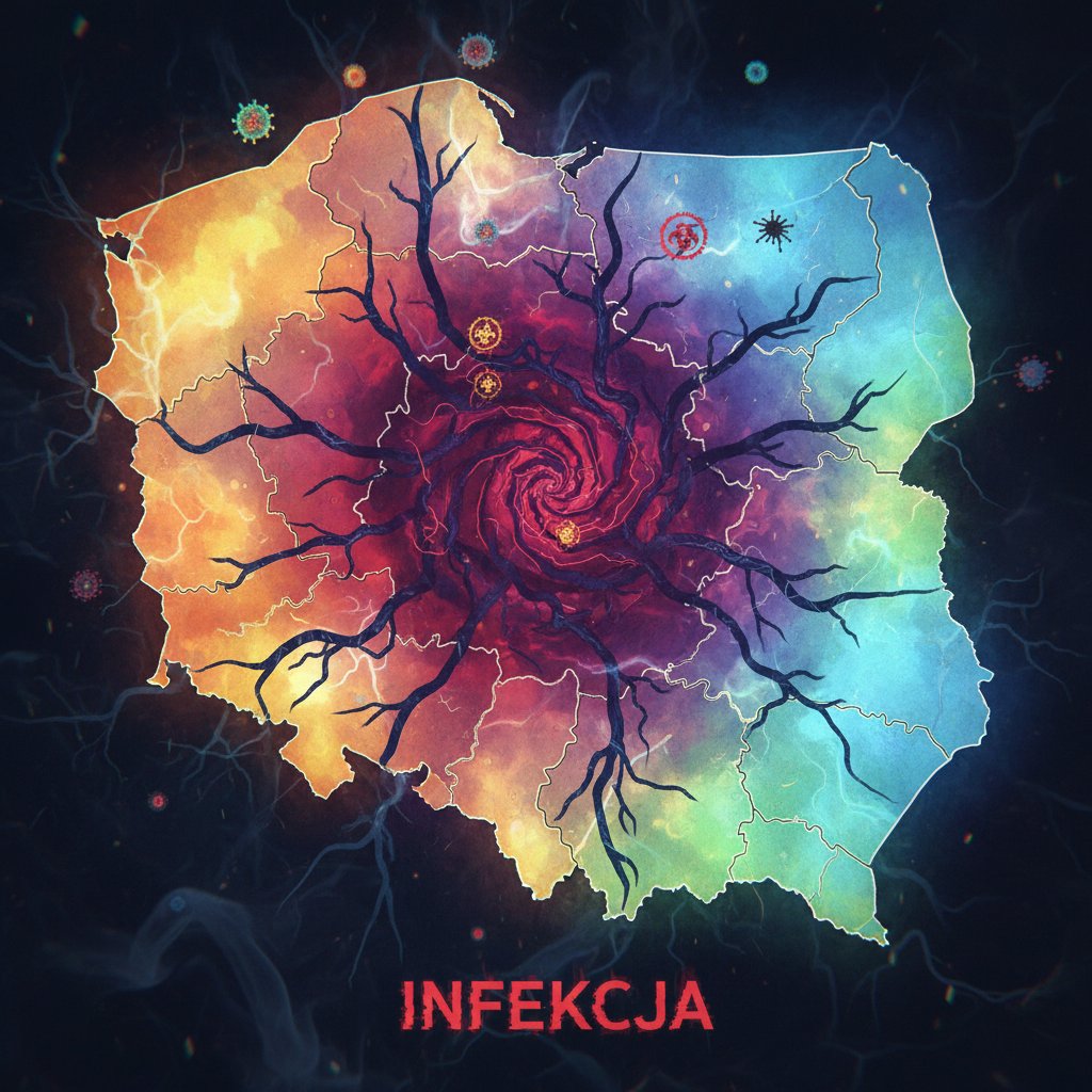 Zdjęcie mapy Polski z zaznaczonymi województwami, kolory intensywne, podział administracyjny, słowa kluczowe: adenowirus, Polska, zakażenia, regiony