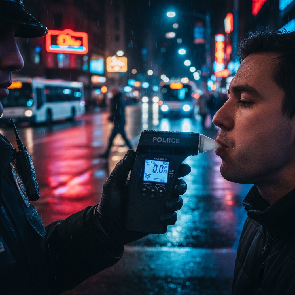 Alkometr elektrochemiczny używany przez policję podczas kontroli na ulicy nocą