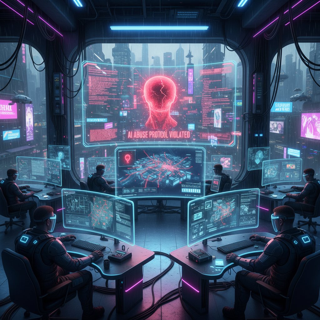 Policyjne dochodzenie cyfrowe – analiza komputera podejrzanego o nadużycia AI, biuro w stylu cyberpunk