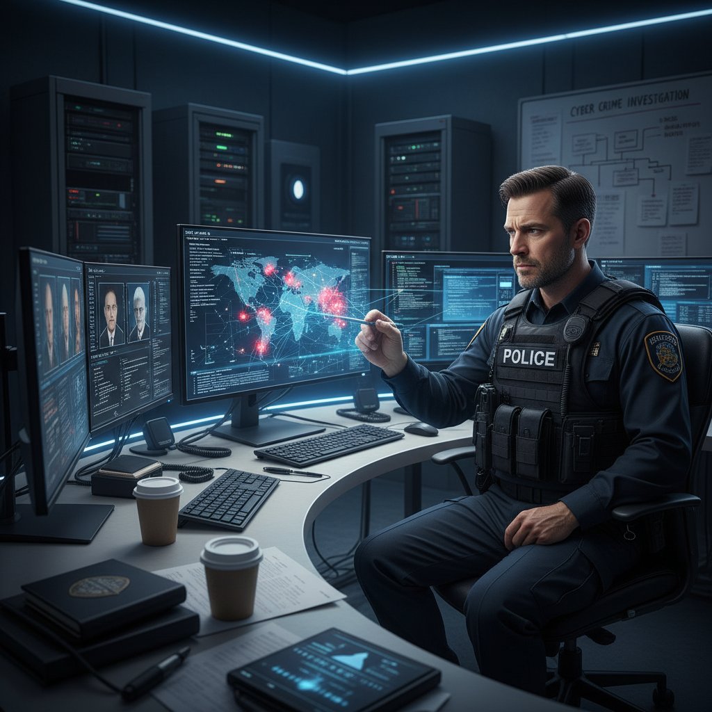 Policjant analizujący dane na ekranie – śledztwo w sprawie cyberprzestępstwa