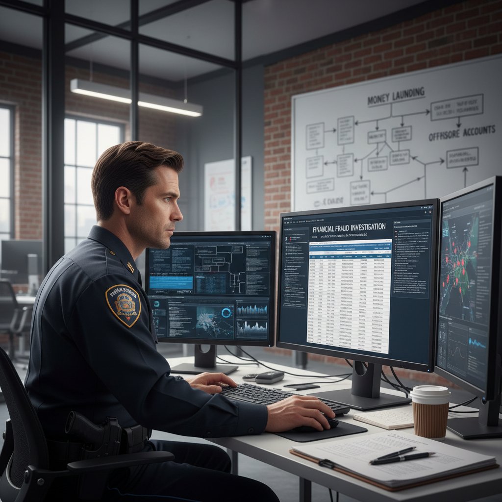 Policjant pracujący przy komputerze, dokumenty na biurku, atmosfera śledztwa i skupienia